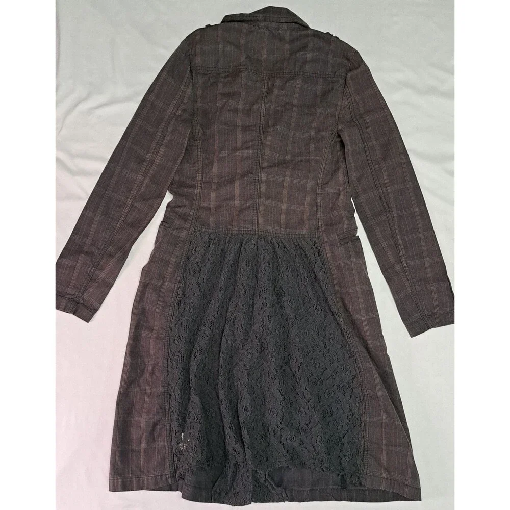 Free People‎ Plaid Gray Duster Trench Coat Women’s 4 Grunge Steampunk Victorian